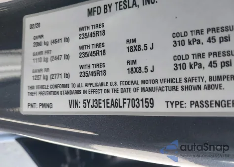 2020 Tesla Model 3 Standard Range Plus Rear-Wheel Drive/Standard Range Rear-Wheel Drive from USA, damaged, VIN 5YJ3E1EA6LF703159
